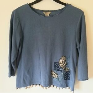 Teddi Blue Floral Embroidered Long Sleeve Top